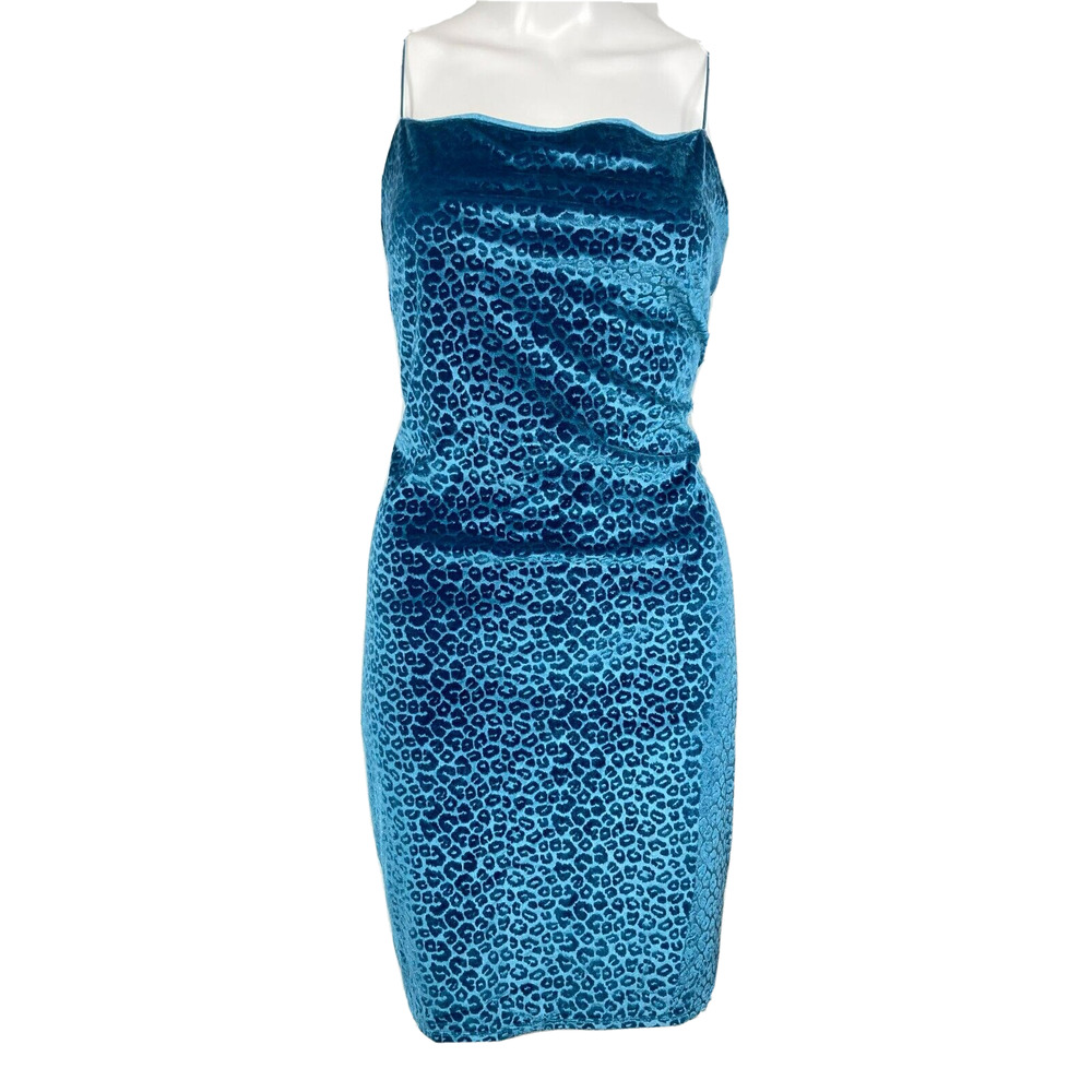 Leith Dress Womens Sz XL Blue Velvet Cheeta Slip Stretch Body-con‎ Sleeveless